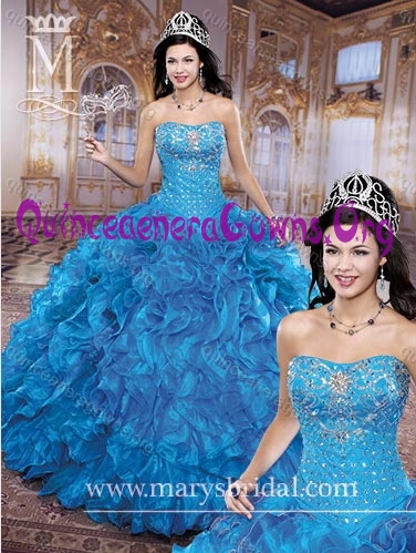 Brand New Spring Beautiful Ball Gown Strapless Brush Train Beading Blue Quinceanera Dress - Click Image to Close