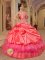 Cheap Summer Lithia Springs Georgia/GA Coral Red One Shoulder Appliques and Pick-ups Quinceanera Gown