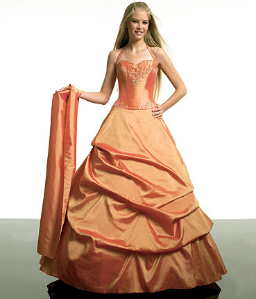 Modest ball gown halter top neck floor-length shawl orange Quinceanera gown 206 - Click Image to Close