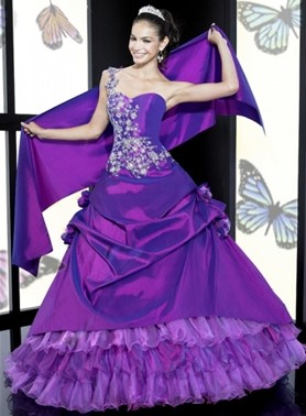 Elegent One Shouder Beading Ball Taffeta & Organza Quinceanera Dresses MLQ05X6