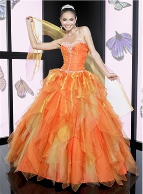 Orange Beading Sweetheart Ball Gown & Scarfed Layers Organza Quinceanera Dresses MLQ05X13