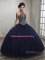 Navy Blue Tulle Lace Up Ball Gown Prom Dress Sleeveless Floor Length Beading and Appliques