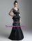 Stunning Black Zipper V-neck Lace Dama Dress for Quinceanera Satin Sleeveless