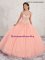 Peach Ball Gowns Tulle High-neck Sleeveless Beading Floor Length Lace Up Sweet 16 Dress