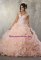 Peach Ball Gowns V-neck Sleeveless Fabric With Rolling Flowers Brush Train Lace Up Appliques Sweet 16 Dress